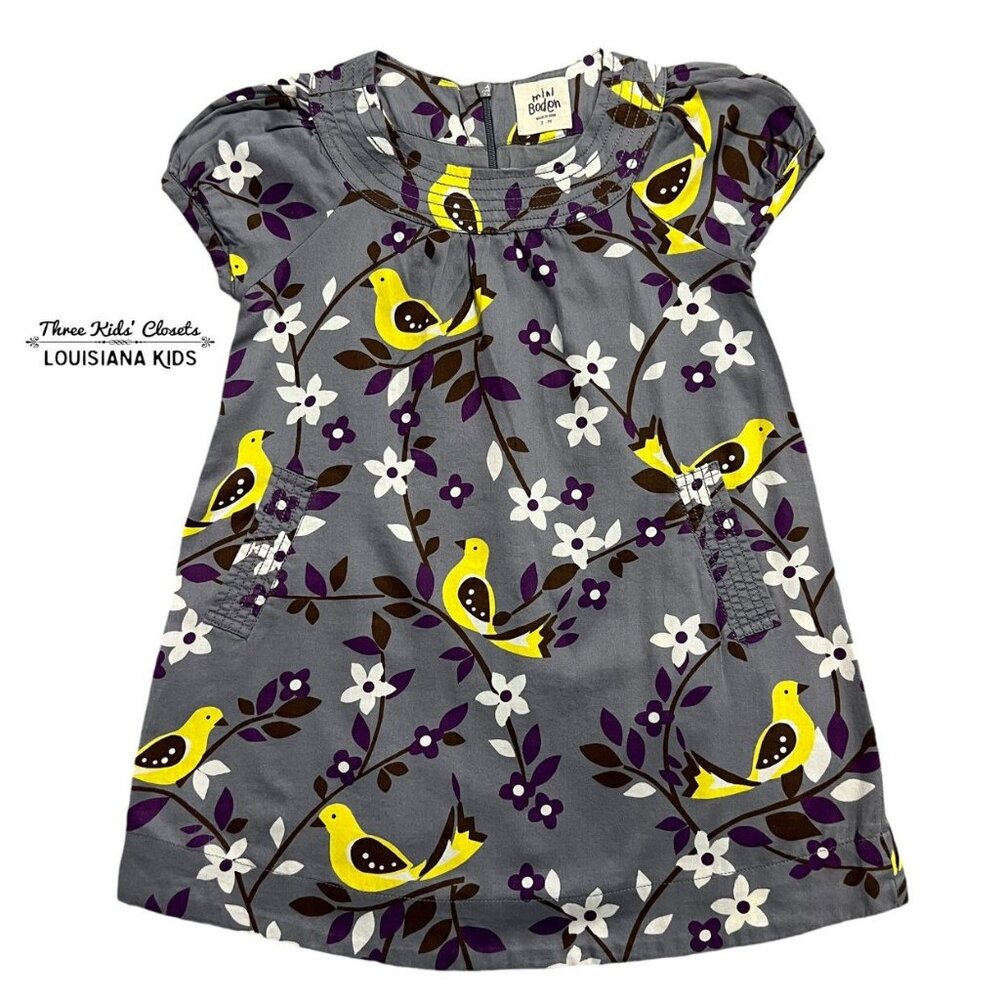 Mini Boden 2-3Y Floral Bird Print Dress